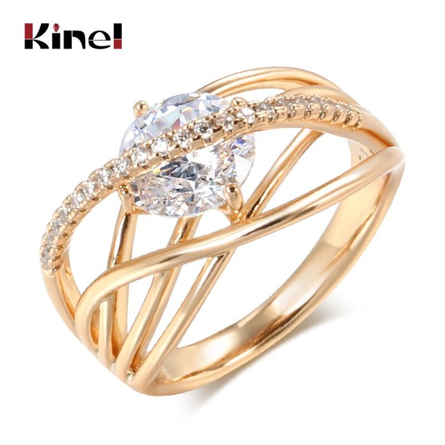 KINEL-신상품 585 로즈 골드  크로스 링 여성용 천연 지르콘 반지, 웨딩 주얼리 크리스탈 선물