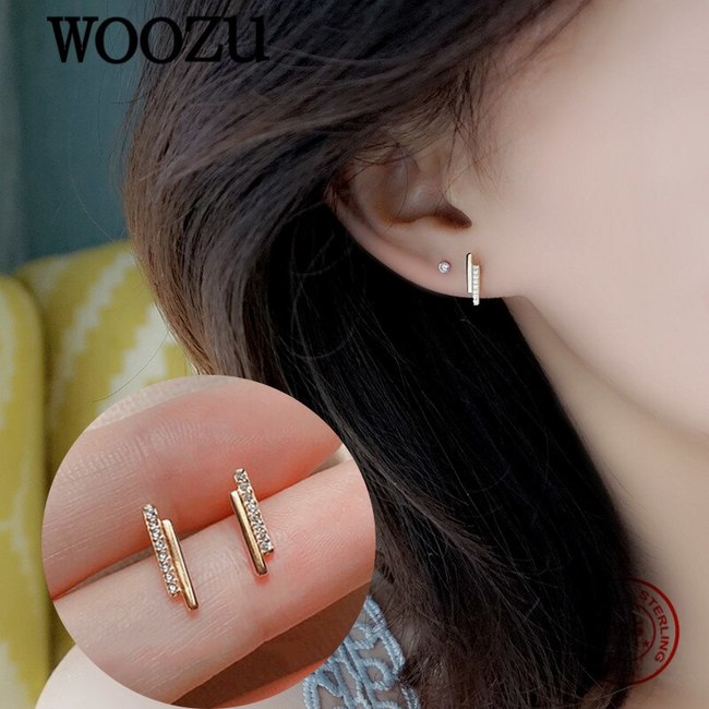 WOOZU-14K 골드 도금 925실버 기하학 바 지르콘 스터드 귀걸이, 여성을 위한 파티 심플하고 세련 주얼리 선물 액세서리