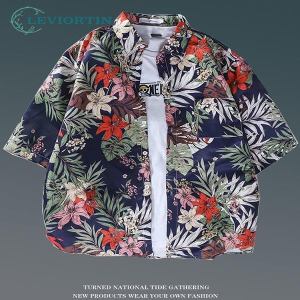 캐주얼 하와이 여름 남성 셔츠박시비치 휴일 꽃 프린팅 짧은탑 셔츠