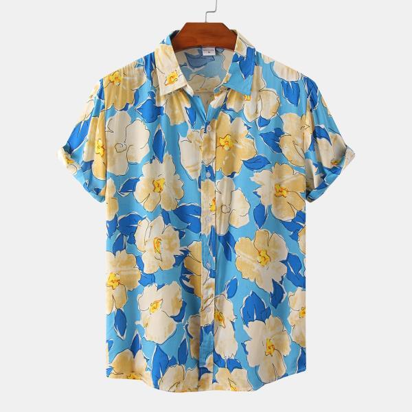 남성 하와이 셔츠 여름 프린팅 스타일 턴 다운 칼라 캐주얼 싱글 브레스트 블라우스 Et Chemises