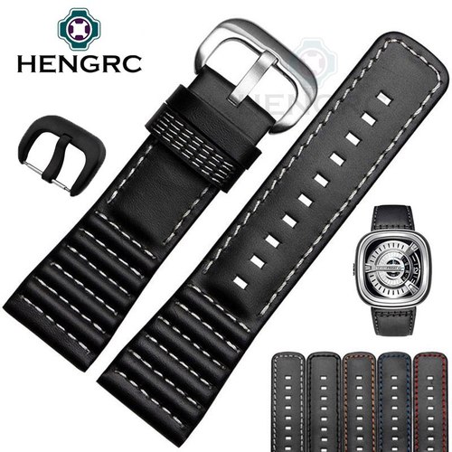 HENGRC 28MM 시계 스트랩 밴드 정품 가죽 고품질 블랙 벨트 스테레스 스틸 핀 버클 액세서리