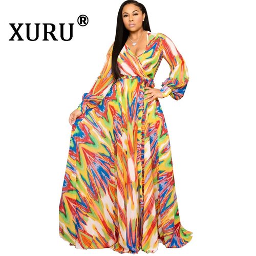 XURU 여름  시폰 드레스 디지털 프린팅 보헤미안 스타일 대형 느슨한 여성 의류 S-3XL-5XL