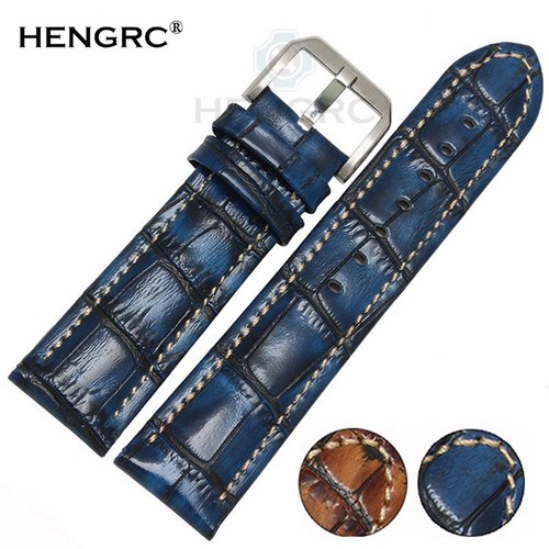 HENGRC 패션 정품 가죽 시계 밴드 벨트 20MM 22MM 브라운 블루 고품질 남성 스트랩 금속 스틱 버클 PANERAI 들어