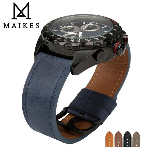 MAIKES 정품 가죽 시계 밴드 액세서리 스트랩 팔찌 22MM 24MM 실버 버클 화석