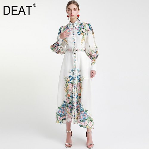 DEAT 여자 셔츠 드레스 랜턴 긴 소매 여러 가지 빛깔의 플라워 패턴과 우아한 보헤미안 스타일  뉴 여름 15XF014