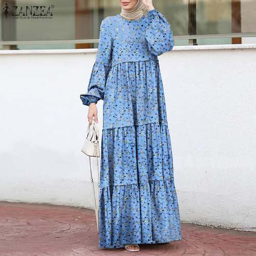 여성 이슬람 SUNDRESS  프린트 프릴 드레스 레이어드 로브 ZANZEA 캐주얼 퍼프 소매 맥시 VESITDOS