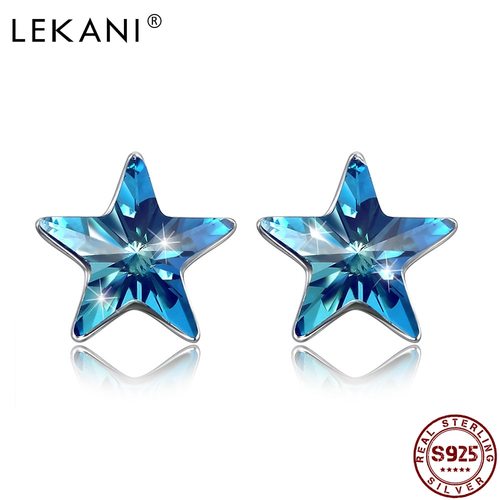 LEKANI-S925 스털링 실버 스타 귀걸이 여성을 위한 블루 크리스탈 AUSTRIA 스터드 925 주얼리 작은