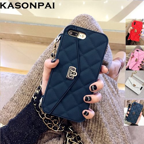 KASONPAI-럭셔리 소프트 실리콘 지갑 케이스, 아이폰 11 12 프로 맥스 XS X 8 7 6S 6 플러스 카드 슬롯 핸드백 긴 체인