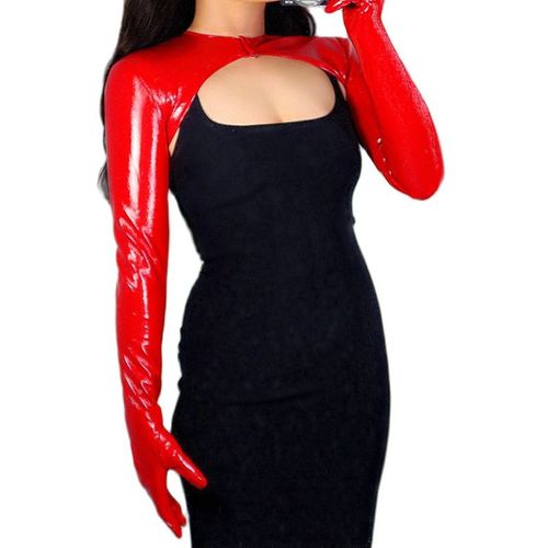 여자  장갑 샤인 가죽 특허 레드 탑 자켓 자른 어깨 걸이 긴