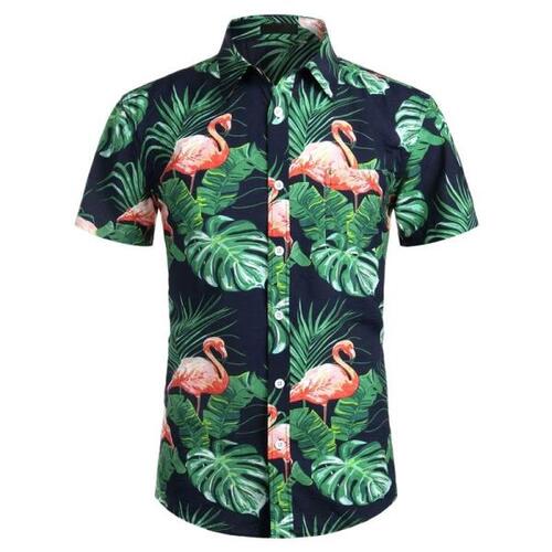 여름 남성 플라밍고 프린트 하와이안 셔츠, 캐주얼 , 경량 반팔 넉넉한 통기성 v넥 의류