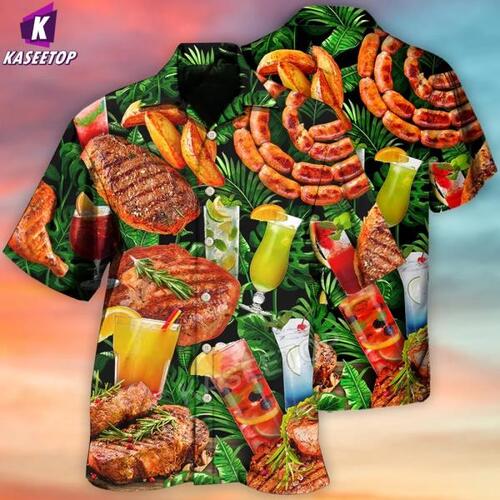 여름 남자 단추프린팅 베이컨 재미있는 스타일 하와이안 셔츠, 짧은특대 비치 파티 스트릿