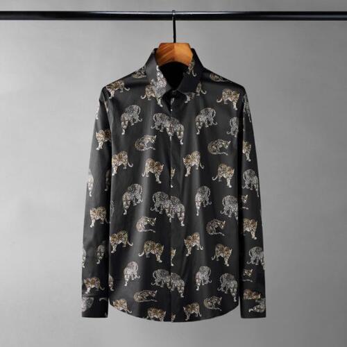 Panthera Pardus 프린트 남성 셔츠, 럭셔리 긴올오버 캐주얼 사계절 슬림핏 파티