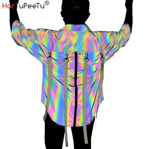 반사 라이트 블라우스 남자 레인보우 캐주얼 셔츠 커 보이는 크기 등 길쭉한 지퍼 분리형리본 힙합 스트릿