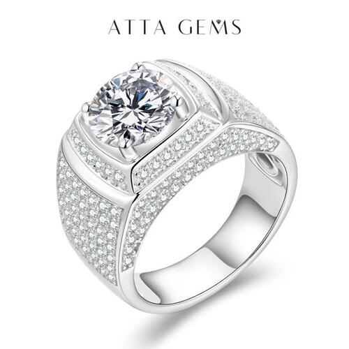 ATTAGEMS-클래식 925 스털링 은반지, 남자 결혼식 웨딩 실버 다이아몬드 약혼 3.0Ct 9.0mm D 컬러 모이사나이트 반지